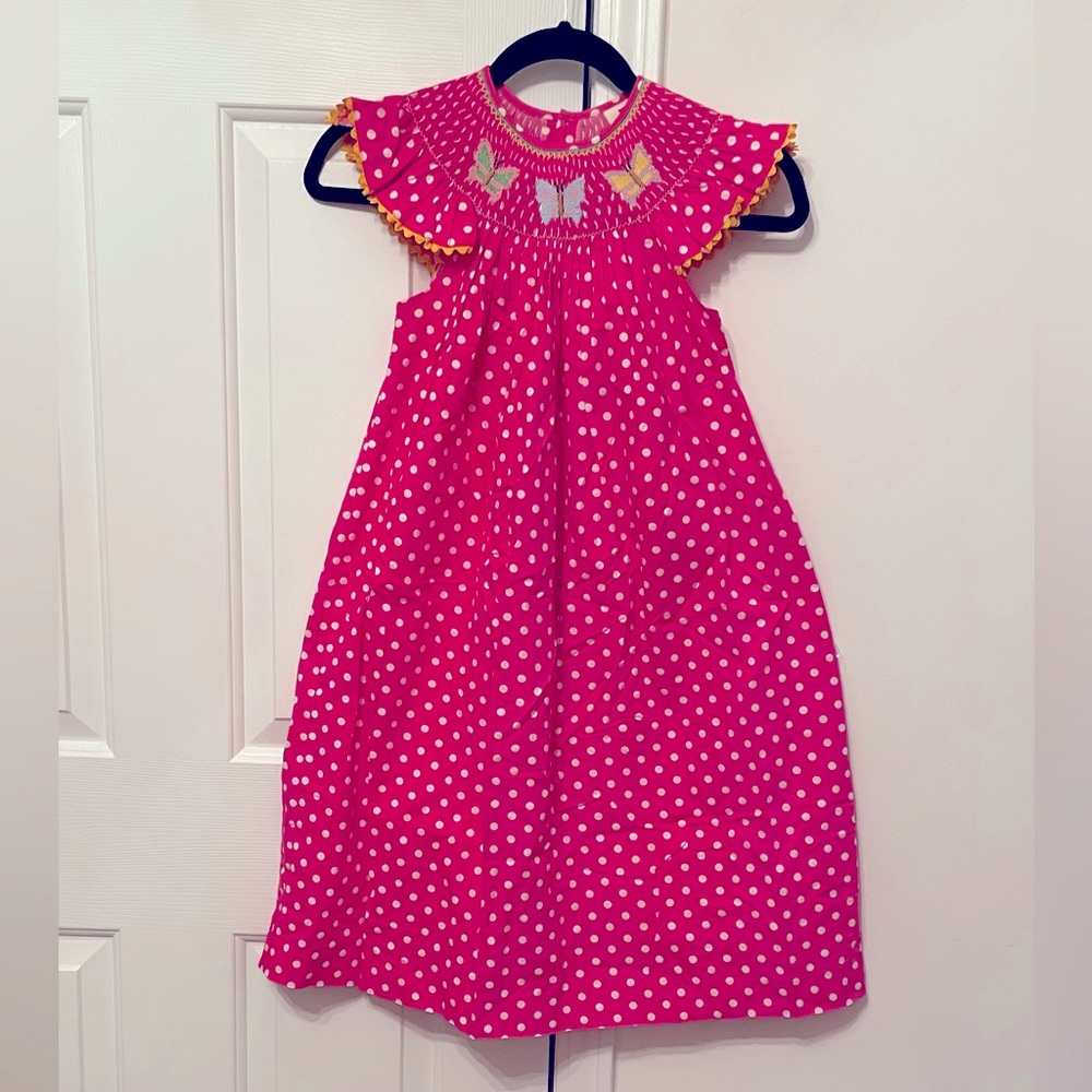 Mom & Me Girls Pink White Polka Dot Smoked Cotton Dress Sz 7
